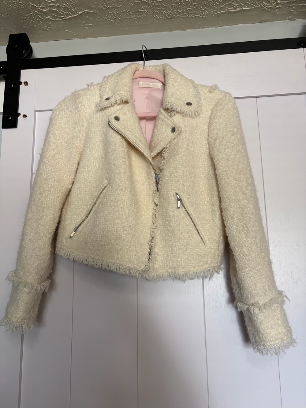 LoveShackFancy Cream Bouclé Moto Blazer